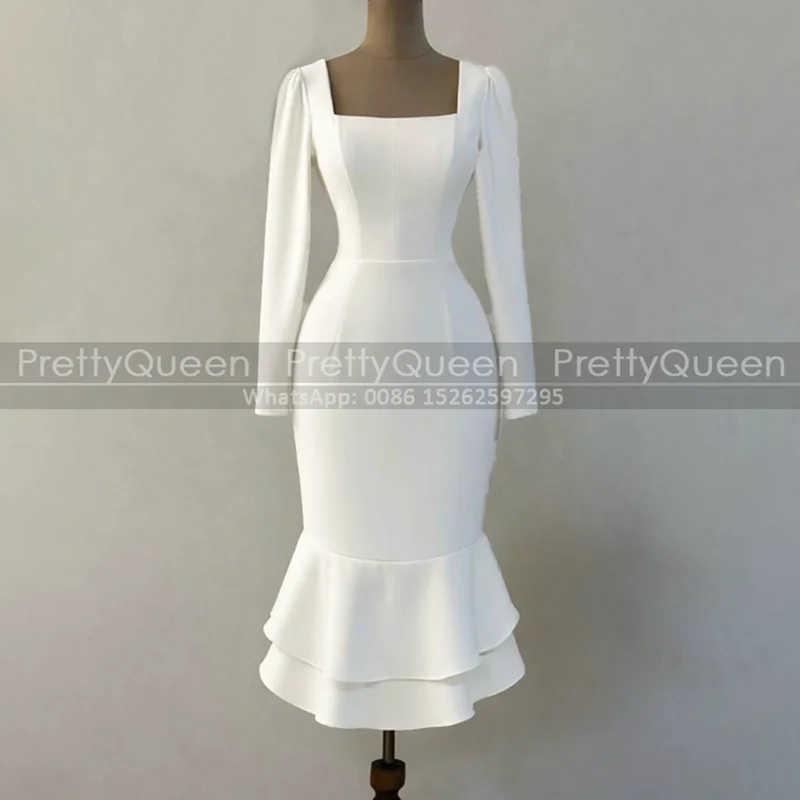 

White Tea Length Evening Dress With Long Sleeves Sqaure Neck Tiered Mermaid Customized Sheath Prom Dresses Party