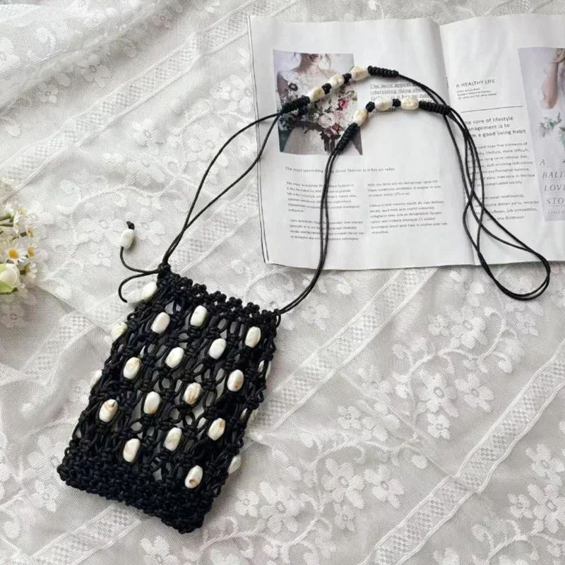 Handgefertigte Hohlperlen-Handytasche aus Steinperlen, Bohemian Crossbody-Tasche für Damen mit gewachstem Seil, Sommer-Strand-Urlaubs-Reisetasche – Detail 4