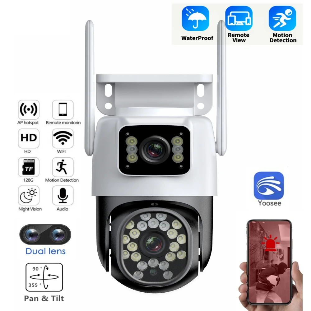 4MP YOOSEE IP Camera Dual Lens PTZ Wifi Camera Dual Screen Auto Tracking Two Way Audio Color Night Vision Security Camera