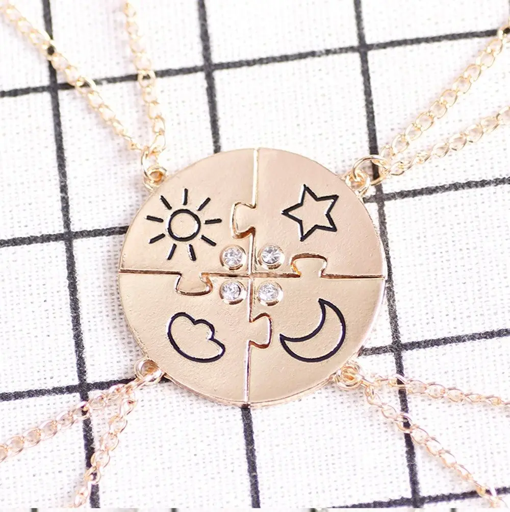 4 Piece Set Fashion Men Women Jewelry Inlaid Rhinestone Friendship Necklace Sun Moon Cloud Star Best Friend BFF Pendant