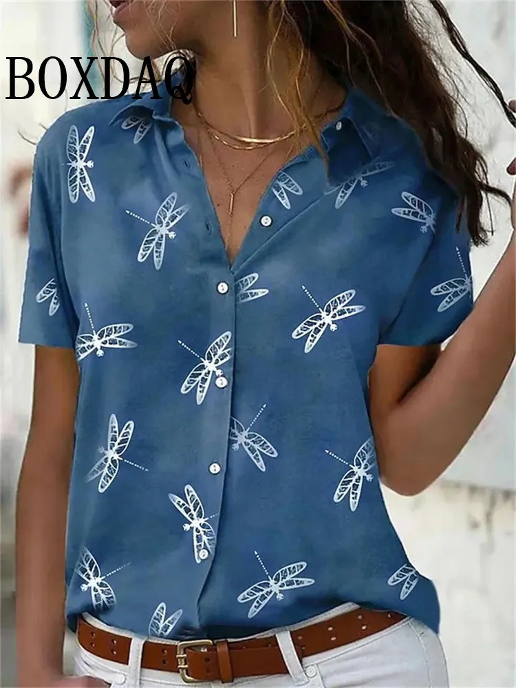 Summer Chic Women\'s Lapel Short-Sleeved Loose Shirts Spring Single-Breasted Tops Casual Flower Printed Blouses Women\'s Clothing
