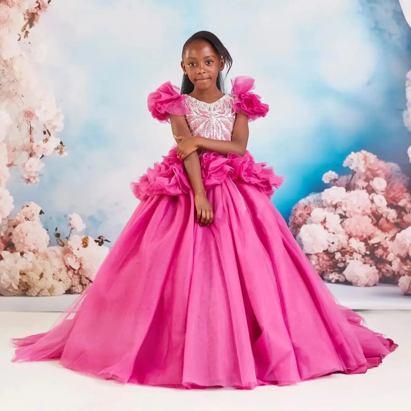 

Ярко-розовые платья для девочек на свадьбу с кружевными аппликациями, длинные платья для девочек на день рождения, платья для первого причастия, на заказ