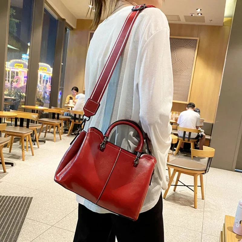 Bolso de mano de cuero genuino de estilo europeo americano para mujer, bolso de mano de cuero de vaca de lujo para mujer, bolso de mensajero de hombro Vintage para mujer