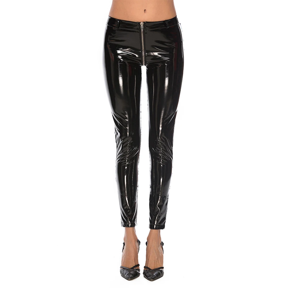 Brandneue Cocktail-Abend-Damenhose mit hoher Taille, glänzende Damenhose aus PVC-Leder, schmale Stretchhose, Wet-Look