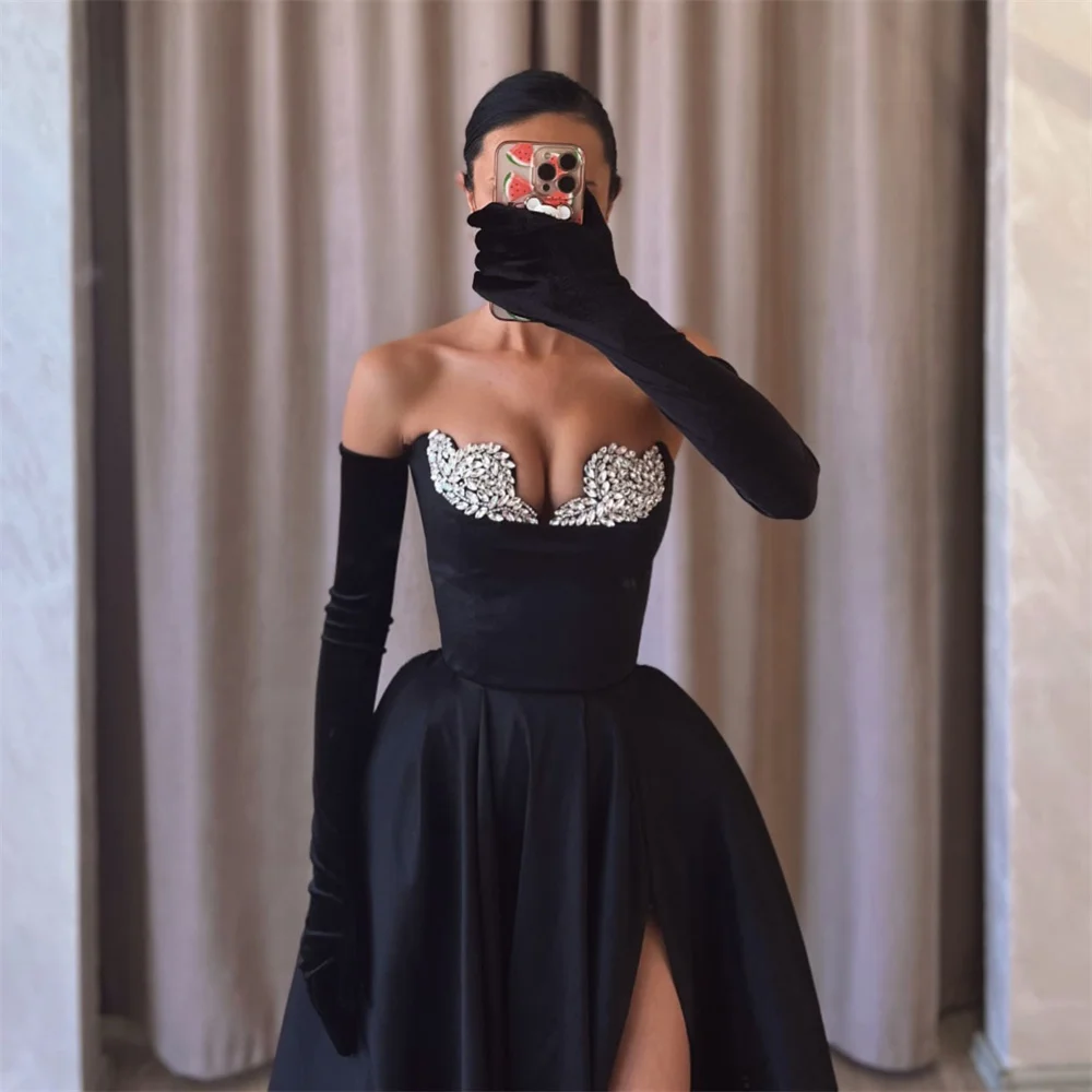 ROYET Sexy Formal Crystal Black Evening Dress For Woman High Side Slit Floor Length Elegant Simple Prom Party Gown New 2024