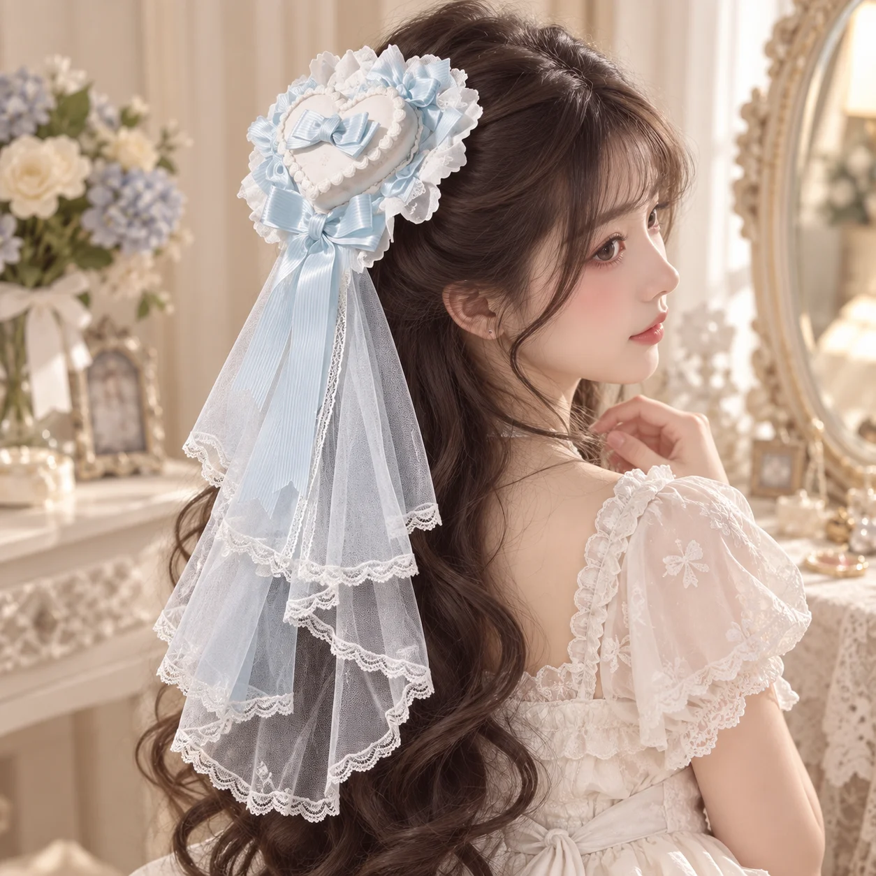 Women Formal Wear Photoshoot - เครื่องประดับผมรูปหัวใจประดับโบว์ลูกไม้สไตล์วินเทจ สำหรับผู้หญิง มีริบบิ้นยาวและผ้าตาข่าย มีให้เลือกหลายสี ได้แก่ สีดำ