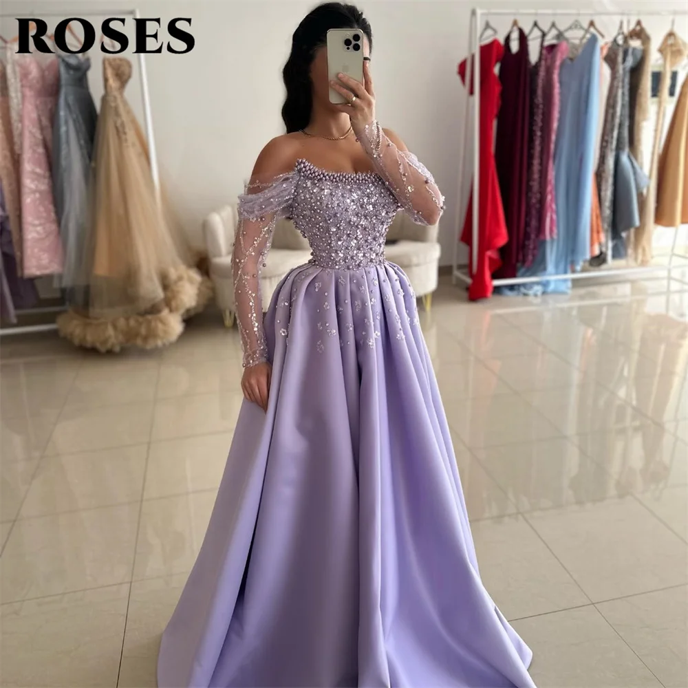 ROSES Purple Elegant Off-Shoulder Evening Dresses for Woman Shiny Sequins Prom Dress with Pearl Sexy Lace Satin Ball Gown 프롬 드레스