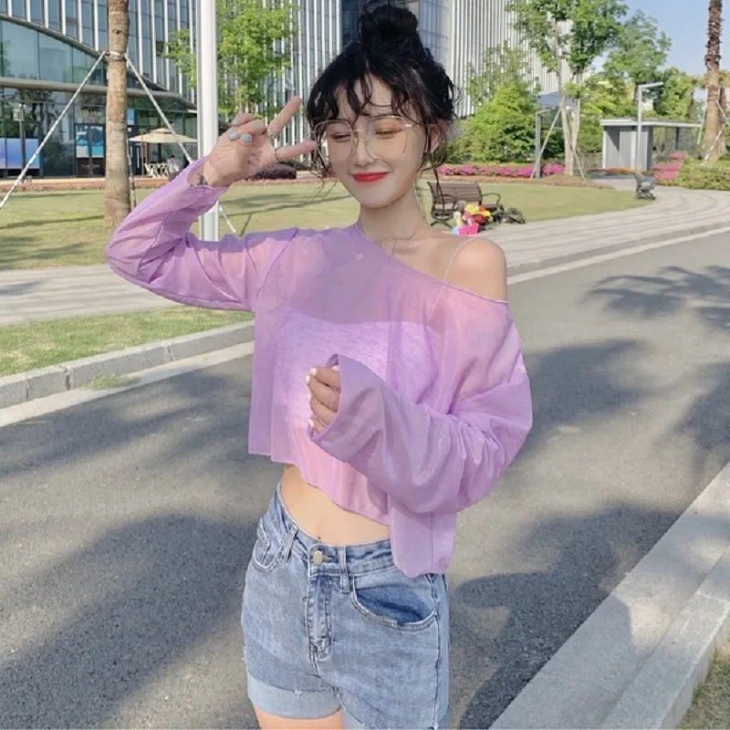 

Solid Color Transparent Sunscreen Clothes Women's Loose Long-sleeved T-shirt Women's Couple Bottoming Shirt Short Women's Trendy