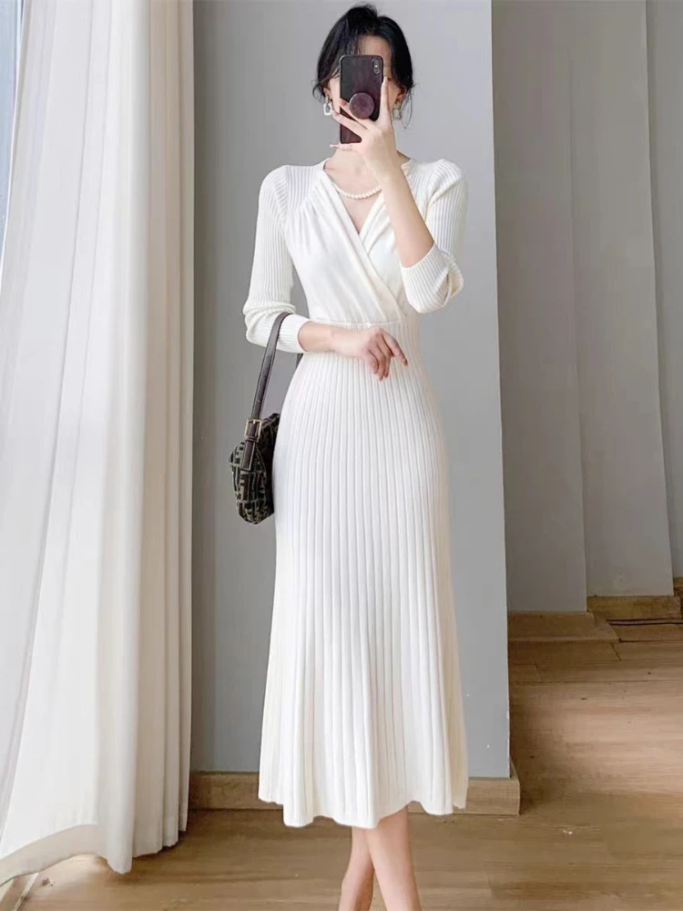Robe longue à col en V pour femmes, pull de fête pour dames, vêtements français, Maxi blanc et noir, automne et hiver
