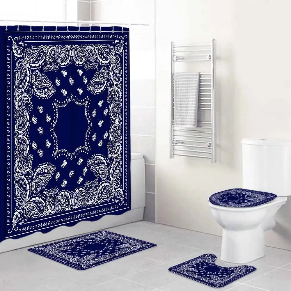 Paisley Bandana Navy Blue Boho Mandala Floral Shower Curtain Sets Non-slip Carpet Toilet Lid Cover Bath Rug Bathroom Decor