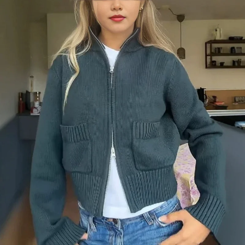 QICHE Vintage‑Style Women Stand‑Collar Knit Outerwear Double‑Zipper Ribbed Hem Pocket Loose Short Cardigan For Autumn‑Winter