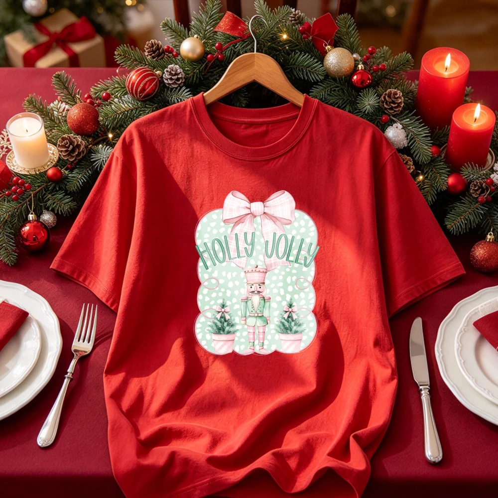 Holly Jolly Nutcracker Graphic Tee Pastel Pink Bow Green Polka Dot Nutcracker Soldier Mini Christmas Tree Print Xmas Casual Tops