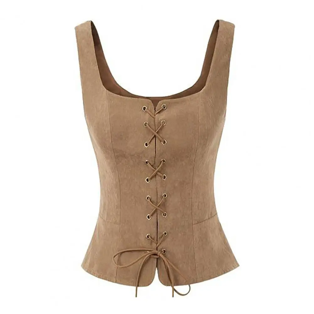 Medieval Women Vintage Suede Corset Top Lady Vest Lace-up Strap Renaissance Square Neck Sleeveless Slim Fit Waistcoat Cosplay