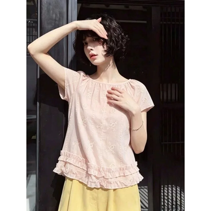 Women Clothes Summer Fashion Casual Solid Color O-neck Simplicity Ruffles Female Embroidered Young Style Short Sleeve Cardigan
