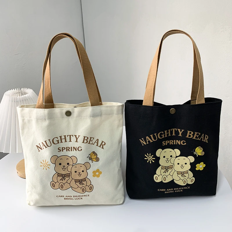 Cute Cartoon Bear Large Capacity Canvas Handbag Versatile Student Office Worker Lunch Tote Bag