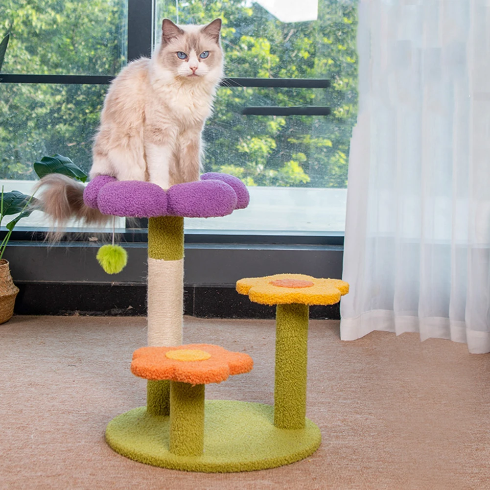 Flower Cat Tree Tower Cat Climbing Frame Sisal Wrapped Cute Cat Tree Multi-Function Interactive Cat Tower 3 Layer for Kittens