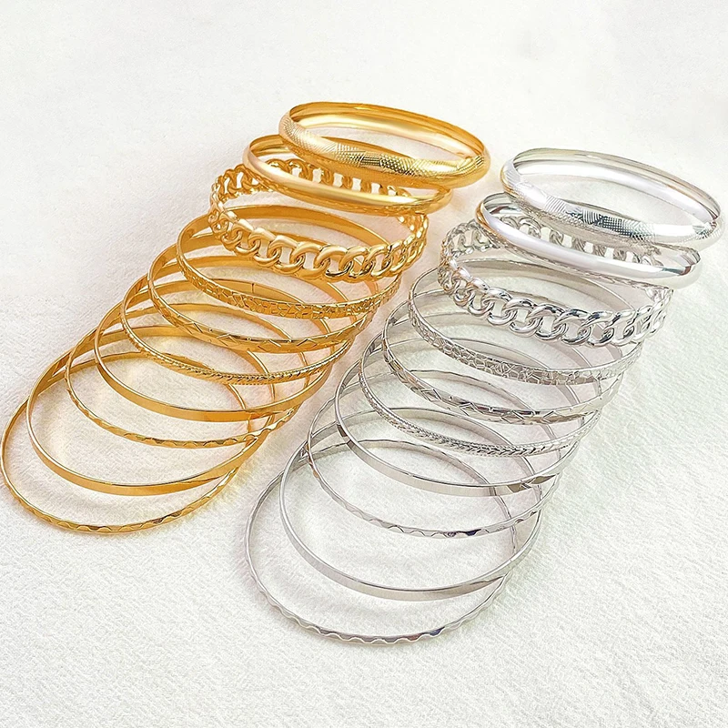 10 Pieces Metal Bangles Set For Women Heavy Style Punk Textured Trendy Fashion Jewelry Classic Holiday Accessories Gifts 2023432