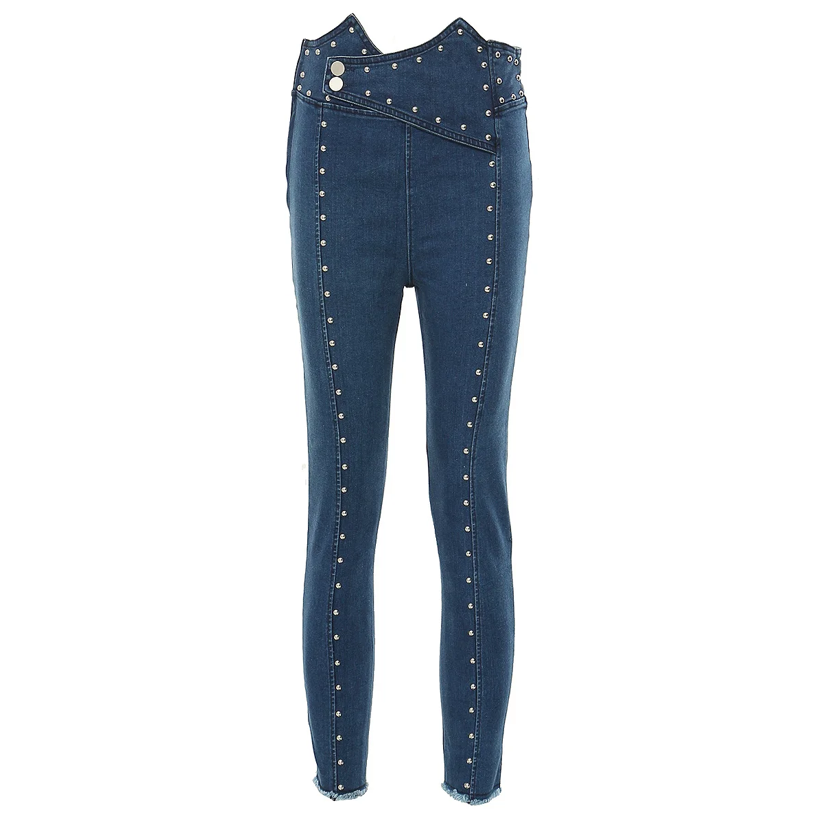 

Ladies' Skinny Jeans with Heavy Metal Studs Cropped Raw Edges Two Buttons Women's Pencil Pants