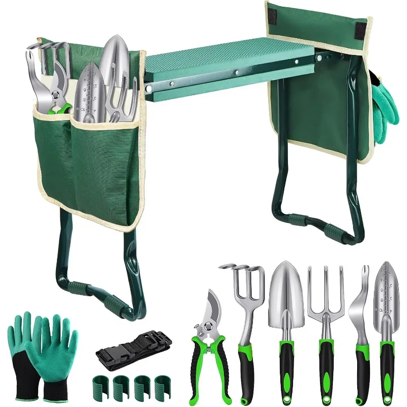 

Garden Kneeler and Seat, Folding Gardening Stool with Kneeling Pad, Gardening Bench with 6 Garden Tools, Tool Pouches, Glove