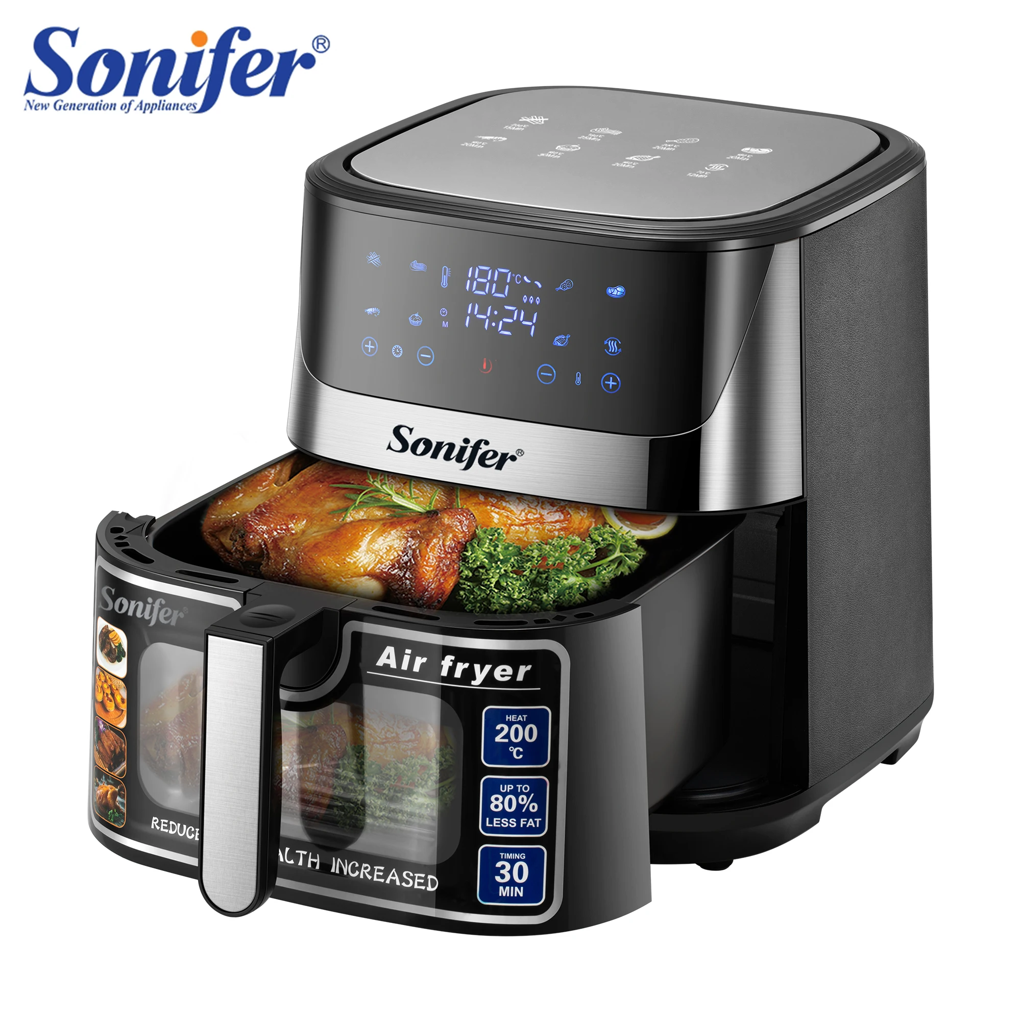 Sonifer Air Fryer SF-1034 .Frying pot capacity: 8.5L .Temperature control: 80-200°C time control: 1-60mins .LED display and touc