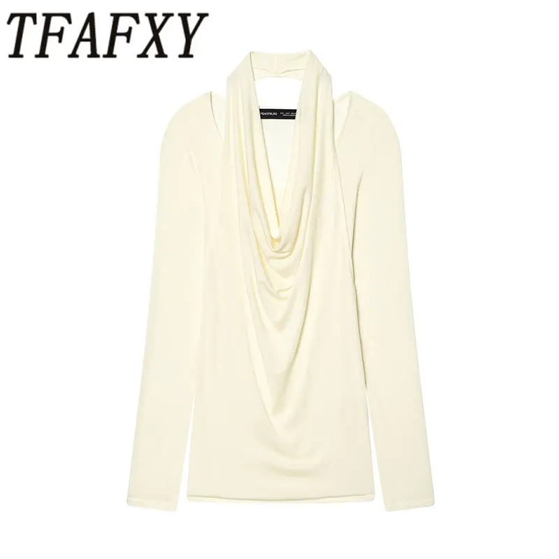 TFAFXY 2026 Frühling Damen Casual Doppellagiges Swing-Kragen Langarm Gerafftes Slim-Fit Kurzes T-Shirt Damen Dünnes Oberteil Pullover Y2K