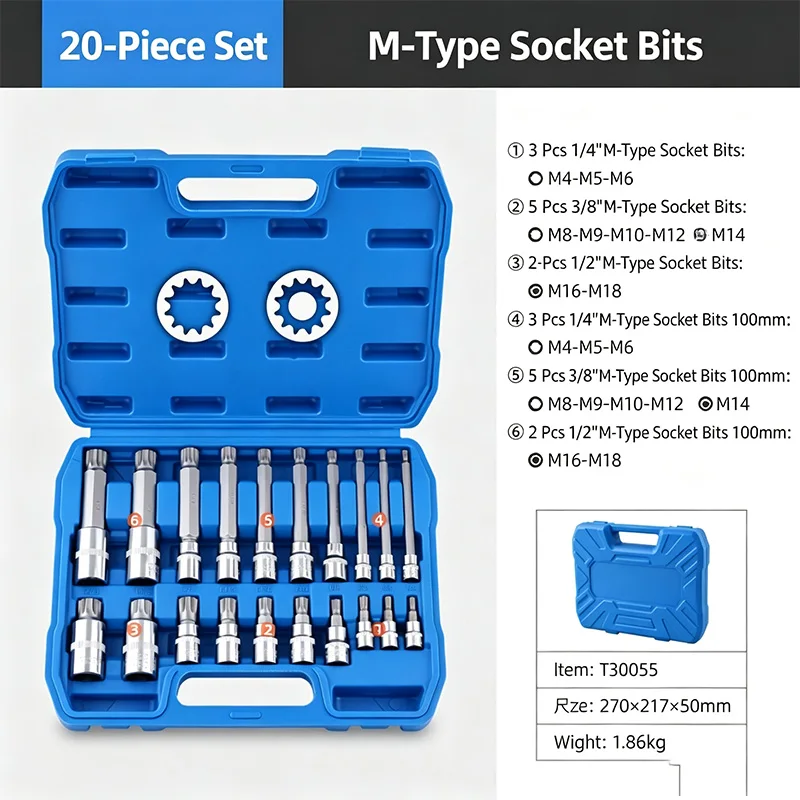 20Pcs M-Type Hex Socket Bits S2 Steel M4-M18 Impact Wrench Socket Set Auto Repair Hex Screwdriver Tools