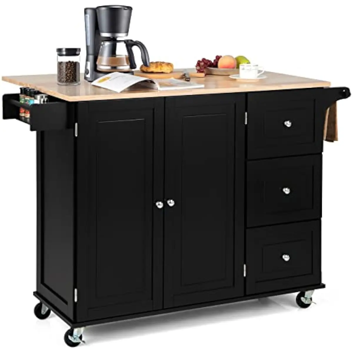 Mobile Kitchen Island with Extendable Rubberwood Top Adjustable Tiered Shelves 3 Deep Drawers Lockable 360° Swivel Casters Side