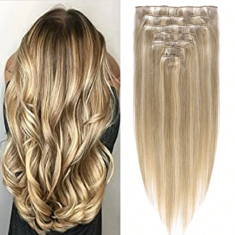 Straight Clip In Hair Extension Human Hair Ombre Color 100% Human Hair Extensions Double Weft 105g 7Pcs 16 Hair Clips For Woman