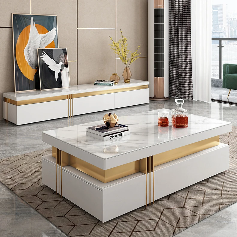 Deluxe TV Stand and Coffee Table Set Furniture Living Room Stainless Steel Wooden TV Cabinet Stand with Slate Top for Villa Home