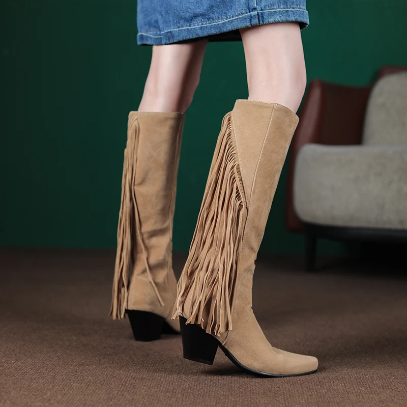 

Tapered Thick Heel Plus Size Tassel Slip-On Knee Boots Street Trend Small Square Toe Flock Material Plush Inner Winter Boots