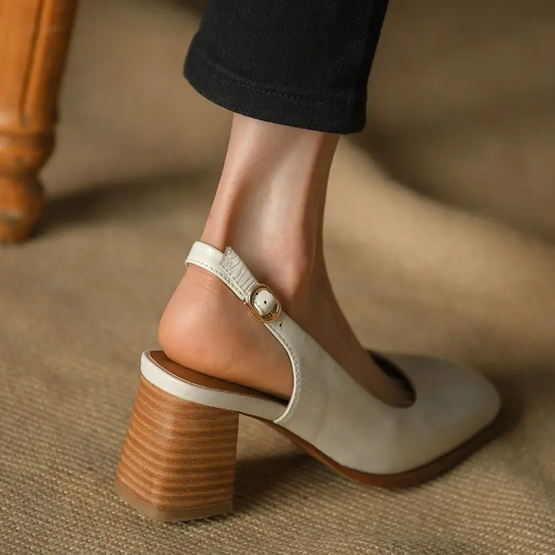 

Retro French Style Shoes For Spring Thick Square Heel Closed Toe Pumps Summer Sandals Real Leather Slingbacks Womens' Sandals