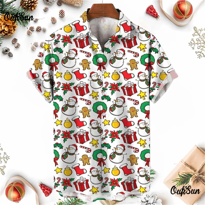 クリスマス新年ジンジャーブレッドクリスマスハワイアンシャツメンズ3D雪だるまプリントストリート半袖ルーズ服男性用服