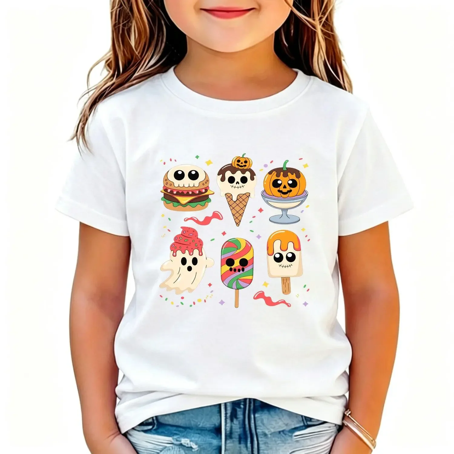 Spooky Food Graphic Crew Neck Cute Halloween Burger Ice Cream Ghost Design Short Sleeve Girls T Shirt Fun Party Birthday Gift Tee for Tweens and Teens