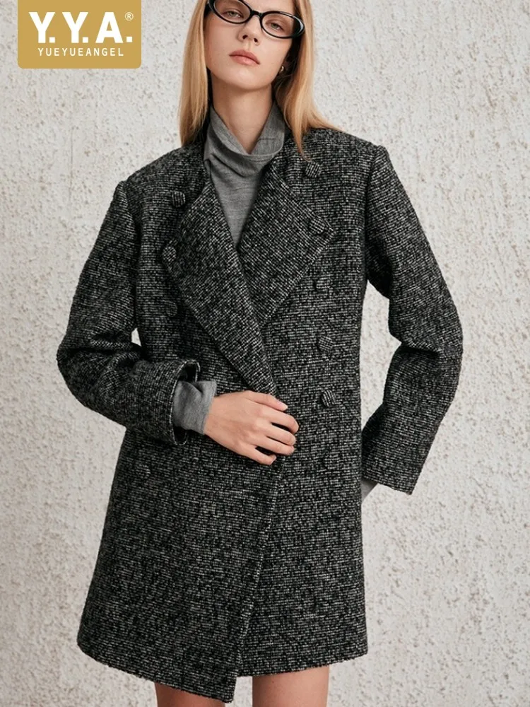 

Vintage Women Winter Warm Long Woolen Blazer High Quality Office Lady Work Double Breasted Suit Coat Designer Wool Blazer Jacket