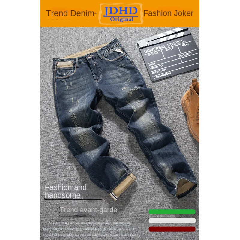 

Высококачественные модные джинсовые джинсы для мужчин, тяжелые ностальгические облегающие прямые джинсы в стиле ретро, уличные джинсы