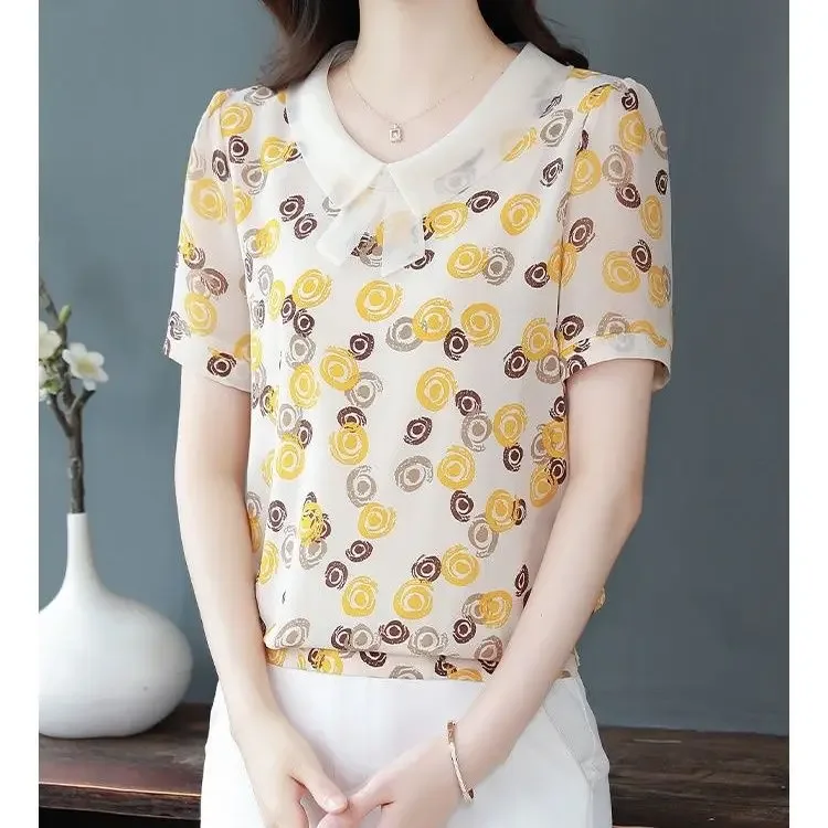 صيف جديد قميص شيفون كم قصير دمية الرقبة المرقعة الأزهار بلوزة المرأة فضفاضة المناسب الأم قاع بلوزة M-5XL