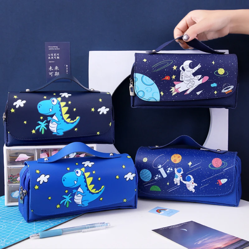 Bolsa de lápices para estudiantes de primaria y secundaria, caja de papelería de astronauta espacial, bolsa de bolígrafos multicapa de gran