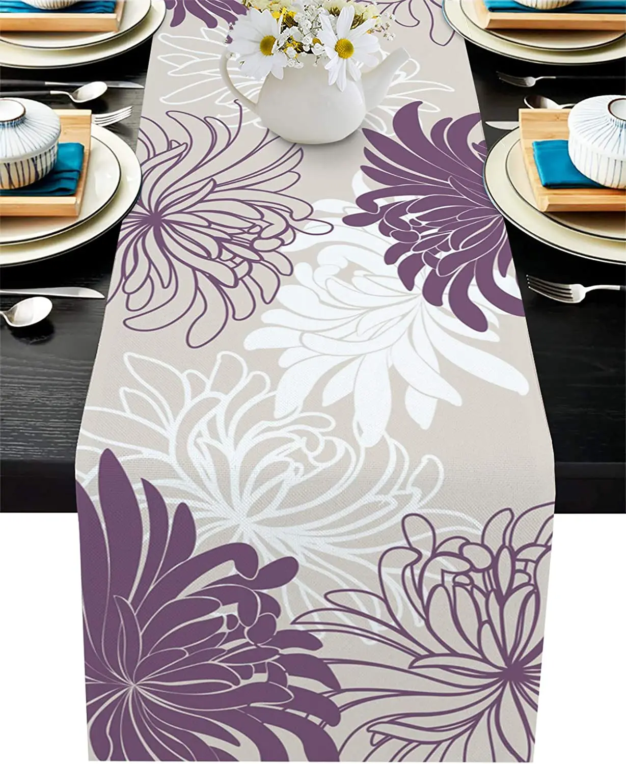 Dahlia Pinnata Flower Purple Linen Table Runner Wedding Decoration Washable Dining Table Runner for Birthday Party Kitchen Decor