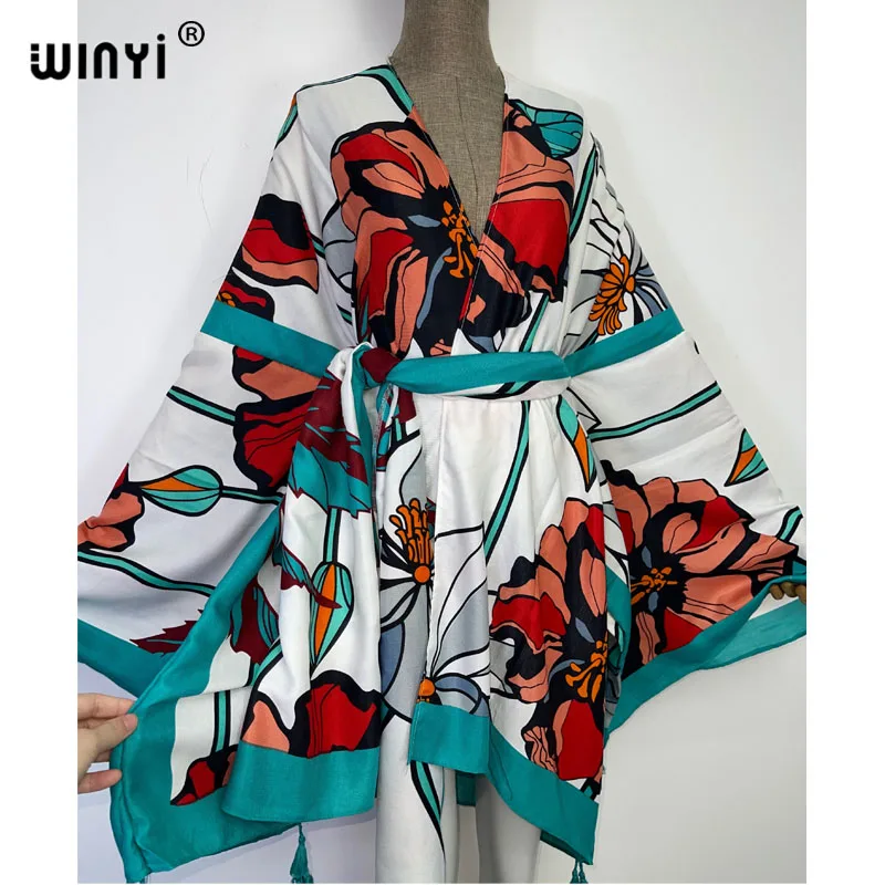 2022 NEW WINYI Summer Beach Wear Swim Suit Cover up sweet lady boho Cardigan stitch Self Belted sexy Holiday long Sleeve Kimono