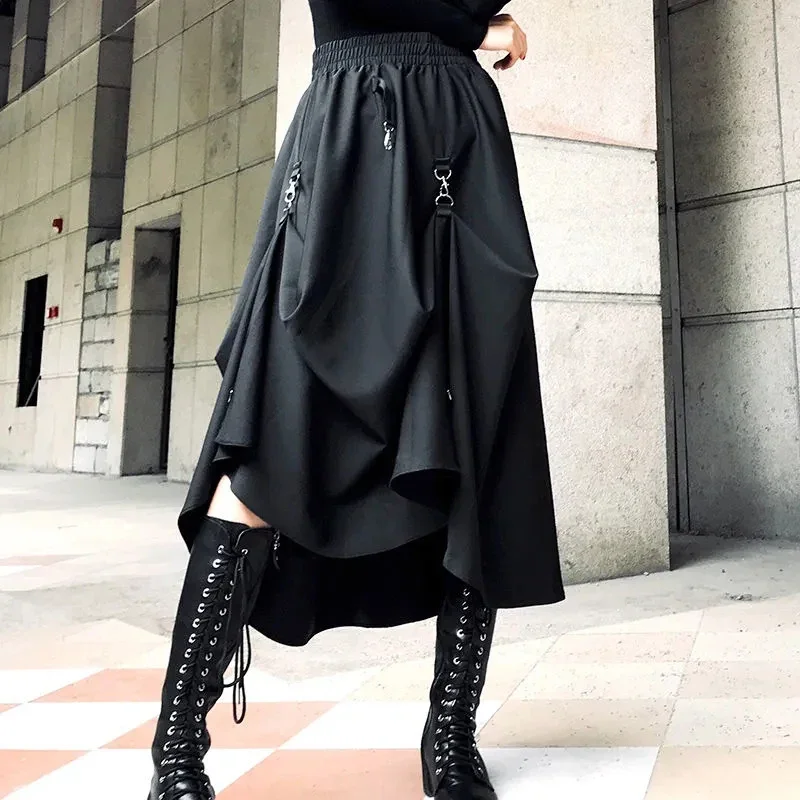 MEXZT Harajuku Cargo Skirts Women High Waist Buckle Irregular Skirts Gothic Punk Freely Adjustable Black A Line Midi Long Skirt