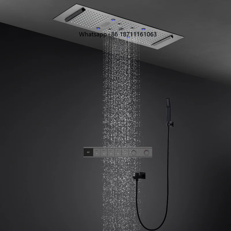 

Bathroom Rainfall Shower Head Set Grey Big Size 300*900mm Multifunctiom Led Thermostatic Smart Shower Set
