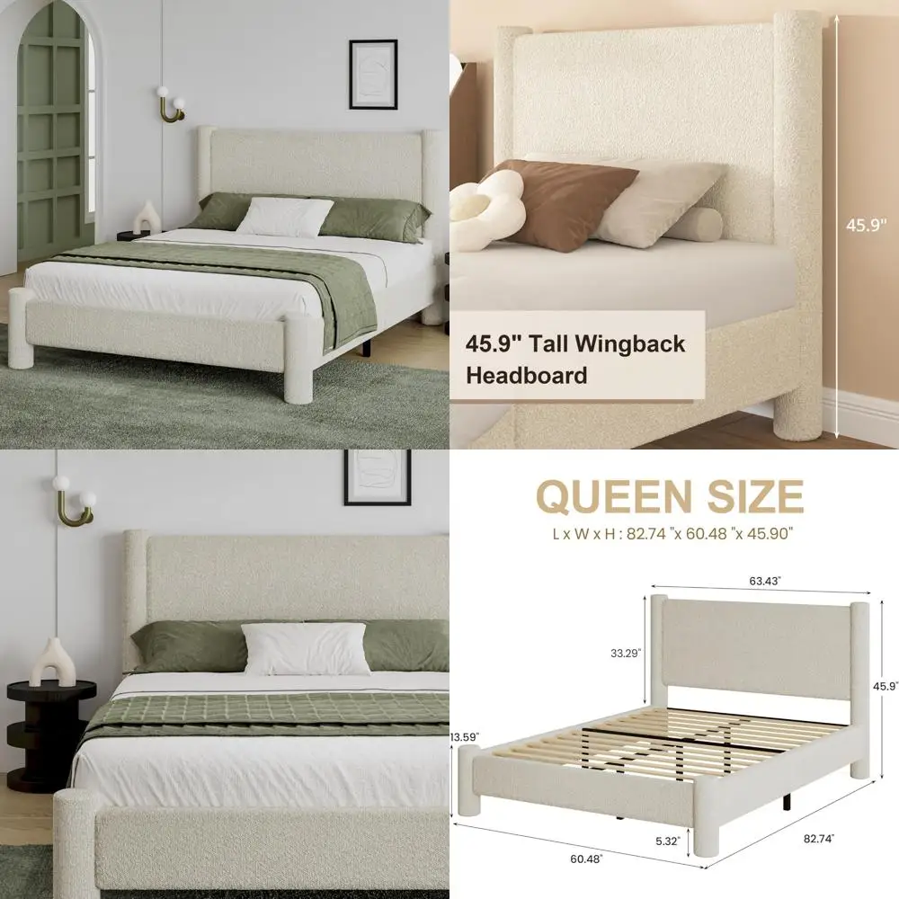 إطار سرير منجد بحجم كوين مع لوح أمامي ولوح قدم مدمج، زوايا مستديرة، لا حاجة إلى صندوق زنبركي #1