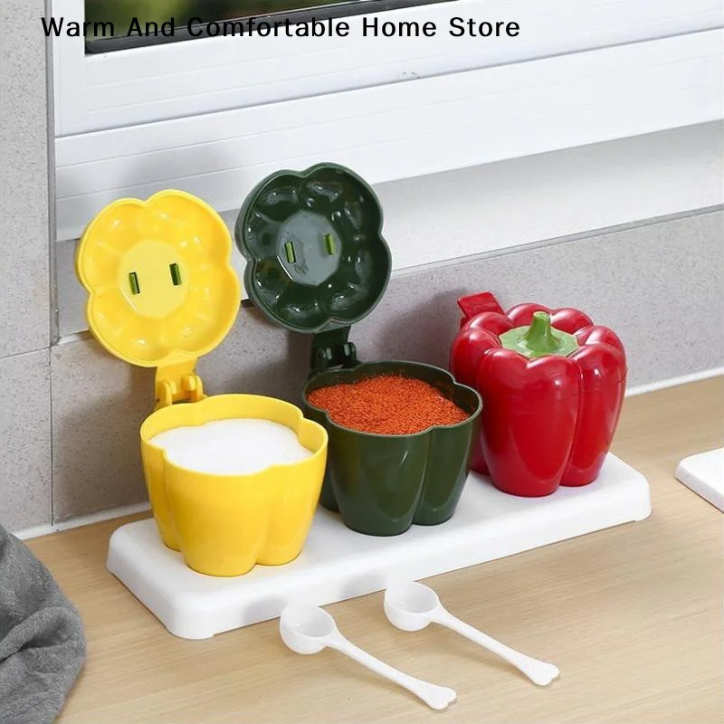 【W】Chili Shape Plastic Seasoning Box 2026 New Household 3pcs/set Handle Splicing Apothecary Jar Kitchen Salt Shaker With Scoop