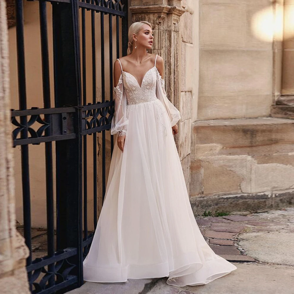 Simple Strapless Wedding Dresses Soft Tulle Bridal Gowns Court Train Full Sleeve New Vestido De Novia Modern New Robe De Summer