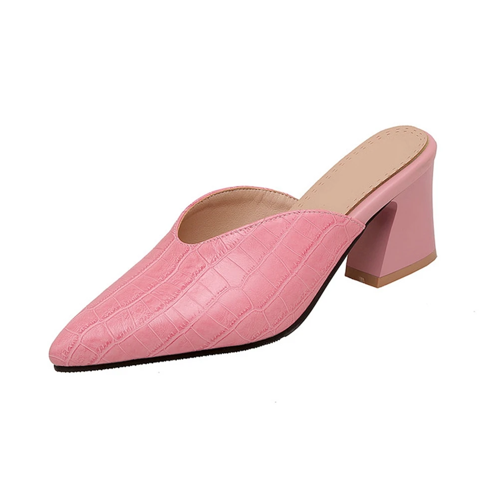 

Женские сандалии больших размеров с тиснением под крокодила, на массивном каблуке, мюли с острым носком, без застежки, белые, черные, розовые, для вечеринок, размеры 32-54, H-50