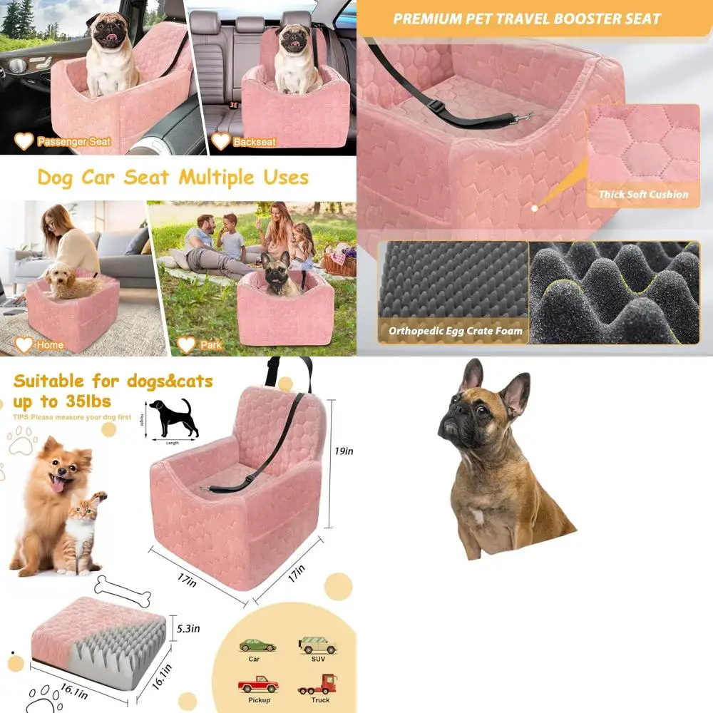 

Portable Memory Foam Dog Car Seat for Small to Medium Breeds, Washable Cover, Storage Pockets, Up to 35 lbs (Pink, Compact)