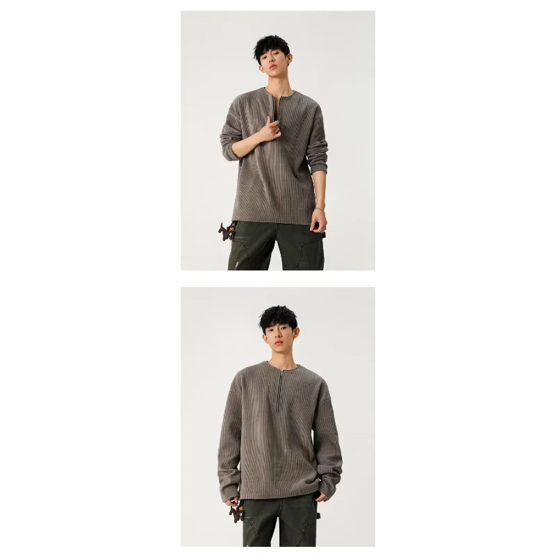 تي شيرت رجالي كاجوال بنصف سحاب وأكمام طويلة من العلامة التجارية الأمريكية الرجعية #6