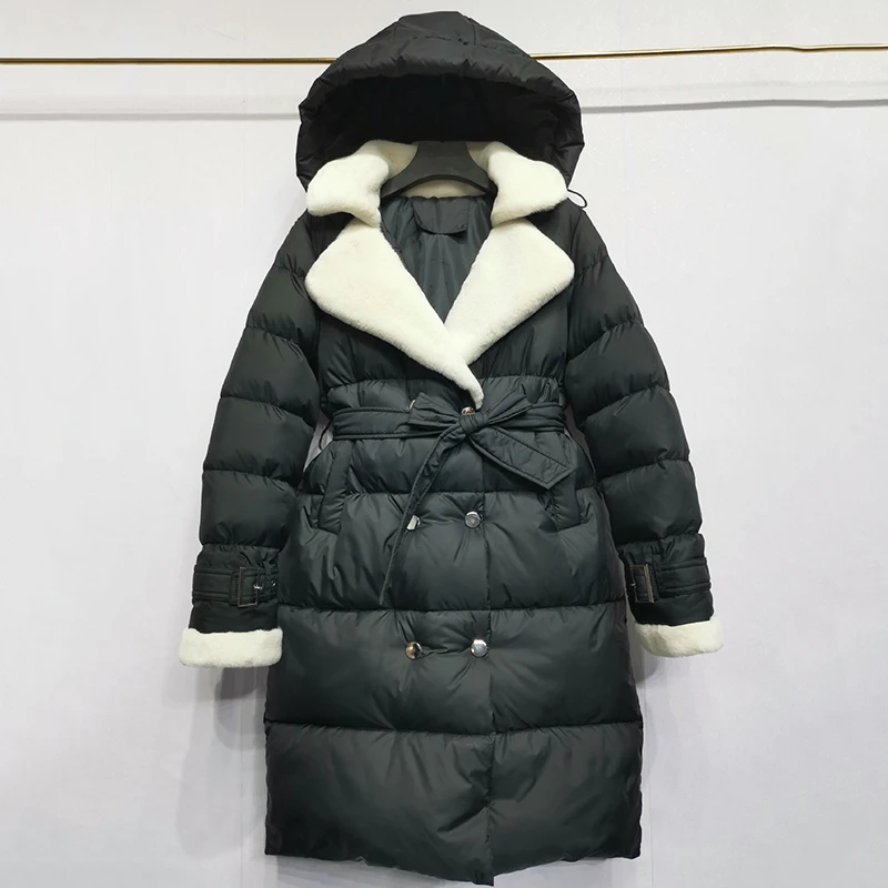 2024 New With Belt Puffer Jacket Long Winter Women Clothes Stand Collar Hooded Cotton Padded Coat Lamb wool Female Outwear