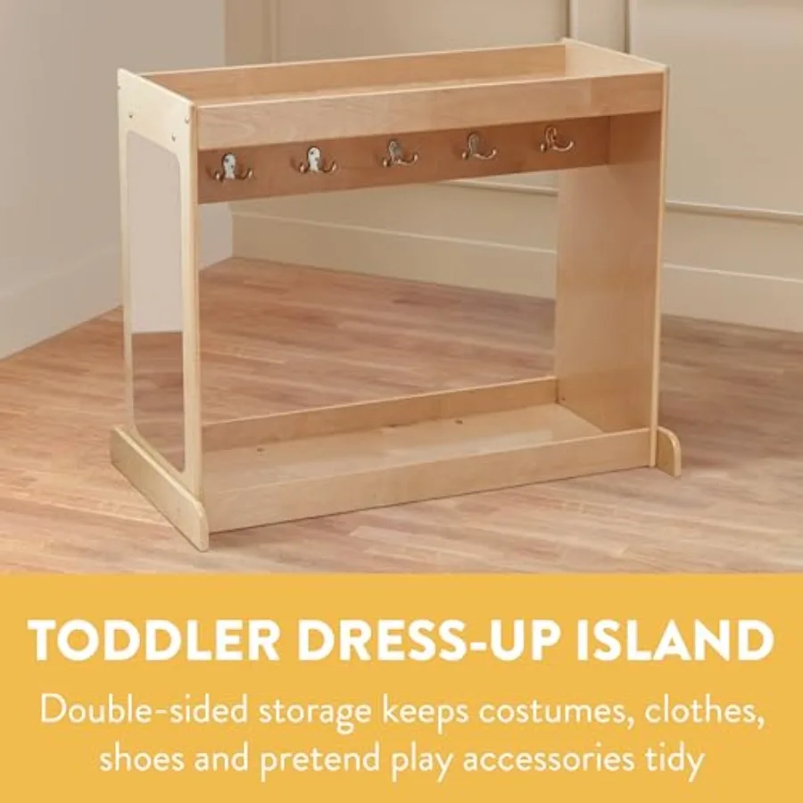 Double-Sided Toddler Dress-Up Island with Mirror Clothes Rack for Interactive Playroom Fun Natural Wood Finish with Durable Sto