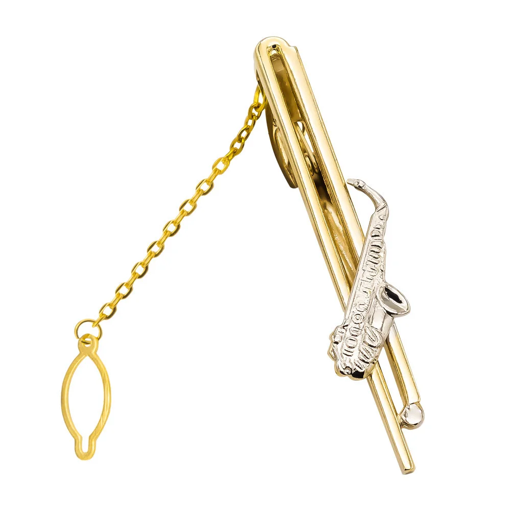 Fermacravatta in metallo a forma di sassofono semplice da uomo d'affari, fermacravatta alla moda a forma di strumento_voghion.com